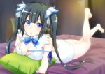  1girl arm_ribbon bed black_hair blue_eyes bow breasts cleavage cleavage_cutout couch dress dungeon_ni_deai_wo_motomeru_no_wa_machigatteiru_darou_ka gloves hair_ornament hair_ribbon hestia_(danmachi) large_breasts legs_up long_hair looking_at_viewer lying on_bed on_stomach pillow ribbon short_dress simple_background sleeveless sleeveless_dress solo twintails white_dress white_gloves 