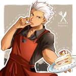  1boy apron archer brown_eyes cake dark_skin fate/stay_night fate_(series) food grey_hair highres shimo_(s_kaminaka) solo 