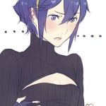  ... 1girl alternate_hair_length alternate_hairstyle blue_eyes blue_hair blush cleavage_cutout fingerless_gloves fire_emblem fire_emblem:_kakusei gloves hairband lowres lucina open-chest_sweater parted_lips ribbed_sweater short_hair small_breasts solo sweater turtleneck tusia 