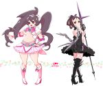  2girls alternate_hairstyle bangs black_gloves black_hair boots bow breasts brown_hair carol_(skullgirls) commentary detached_sleeves filia_(skullgirls) fishnets full_body gloves hair_bow hair_rings hand_on_hip high_heel_boots high_heels knee_boots long_hair magical_girl multiple_girls ng_(kimjae737) painwheel_(skullgirls) parted_bangs pigeon-toed polearm prehensile_hair puffy_sleeves red_eyes samson_(skullgirls) short_hair skirt skullgirls stiletto_heels thigh-highs thigh_boots twintails under_boob veins weapon 