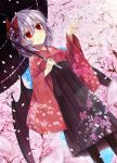  1girl akisome_hatsuka bat_wings blush boots bow cherry_blossoms hair_bow hakama_skirt headwear_removed knee_boots long_sleeves purple_hair red_eyes remilia_scarlet short_hair smile solo touhou tree umbrella wings 