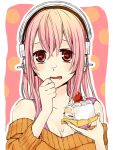  1girl bare_shoulders blush breasts cake food fruit headphones large_breasts long_hair looking_at_viewer nitroplus open_mouth pink_hair potato_(oriha94) red_eyes slice_of_cake solo strawberry strawberry_shortcake super_sonico sweater wavy_mouth whipped_cream 