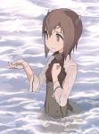  1girl brown_eyes brown_hair clenched_hand grey_skirt hand_on_own_chest headband headgear kantai_collection military military_uniform partially_submerged pleated_skirt short_hair skirt solo sorairo_usagi taihou_(kantai_collection) uniform wet wet_clothes 