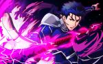  1boy blue_hair earrings fate/stay_night fate_(series) gae_bolg highres jewelry lancer long_hair ponytail red_eyes shimo_(s_kaminaka) solo 
