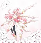  1girl bow cat_(battle_cats) closed_eyes floating floating_hair gloves hair_ornament hayashiya_zankurou heart leggings long_hair looking_back magical_girl nurse_cat nyanko_daisensou outstretched_arms pink_hair puffy_short_sleeves puffy_sleeves short_sleeves smile wings 