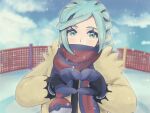  1boy clouds commentary_request day eyelashes fence green_eyes green_hair grusha_(pokemon) heart heart_hands jacket long_hair long_sleeves male_focus miro mittens outdoors own_hands_together pokemon pokemon_(game) pokemon_sv scarf scarf_over_mouth sky solo striped striped_scarf upper_body yellow_jacket 