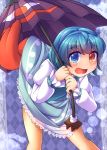  1girl blue_eyes blue_hair blush commentary_request fun_bo geta heterochromia karakasa_obake looking_at_viewer open_mouth red_eyes short_hair skirt skirt_lift solo tatara_kogasa tears tongue touhou umbrella 