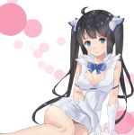  1girl bent_knees black_hair blue_eyes bow breasts cleavage dress dungeon_ni_deai_wo_motomeru_no_wa_machigatteiru_darou_ka gloves hair_ribbon hestia_(danmachi) long_hair looking_at_viewer mebin ribbon short_dress sitting solo twintails white_gloves 