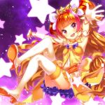  1girl amanogawa_kirara bare_shoulders boots brown_hair buntan choker cure_twinkle dress earrings gloves go!_princess_precure jewelry long_hair magical_girl multicolored_hair open_mouth orange_hair precure smile solo star star_earrings starry_background thigh-highs thigh_boots twintails two-tone_hair violet_eyes white_gloves white_legwear 