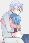  1boy 1girl blue_eyes blue_hair grey_hair hug kamijou_kyousuke mahou_shoujo_madoka_magica miki_sayaka momoko_(palemon) school_uniform short_hair 