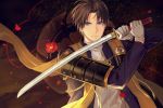  1boy blue_eyes brown_hair cotta flower heshikiri_hasebe katana male_focus sode sword touken_ranbu upper_body weapon 