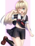  1girl blonde_hair green_eyes hair_ribbon kantai_collection kirito_(tundereyuina) kneehighs long_hair midriff neckerchief one_eye_closed open_mouth pleated_skirt ribbon school_uniform serafuku shoes skirt smile solo yuudachi_(kantai_collection) 