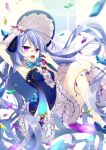  1girl arm_up armpits blurry depth_of_field gem hat long_hair looking_at_viewer nyori open_mouth original silver_hair solo very_long_hair violet_eyes 