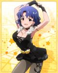  1girl ahoge armlet armpits arms_up artist_request black_gloves blue_hair breasts brown_eyes cleavage fingerless_gloves gloves idolmaster idolmaster_million_live! legwear_under_shorts looking_at_viewer million_live_card official_art pantyhose short_hair shorts smile solo toyokawa_fuuka yellow_background 
