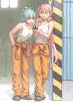  2girls akashi_(kantai_collection) bangs bare_shoulders blunt_bangs brown_eyes clothes_around_waist dirty dirty_clothes green_eyes grey_hair hand_in_pocket high_ponytail jacket_around_waist jumpsuit kantai_collection long_hair multiple_girls payot pink_hair ponytail tank_top taruya yuubari_(kantai_collection) 