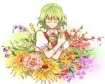  1girl closed_eyes collared_shirt flower flower_request frilled_sleeves frills green_hair happy holding holding_flower kazami_yuuka peaceful shirt short_hair short_sleeves simple_background smile solo thtl touhou vest white_background 