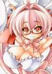  1girl animal_ears bespectacled bow breasts cleavage colored_pencil_(medium) di_gi_charat dice dress glasses hair_bow hair_ornament large_breasts marker_(medium) millipen_(medium) pink_dress pink_hair rabbit_ears red-framed_glasses red_eyes shirt smirk solo traditional_media twintails upper_body usada_hikaru yutakasan-love 