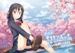  1girl black_hair bow cherry_blossoms cherry_trees dutch_angle feet_in_water hair_ornament looking_at_viewer original petals pleated_skirt red_bow red_eyes school_uniform sitting skirt soaking_feet solo thighs water yuuri_nayuta 
