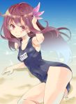  1girl adjusting_hair arm_support arm_up armpits artist_name beach blush brown_eyes brown_hair hair_ornament imu_sanjo kantai_collection kisaragi_(kantai_collection) long_hair lying one-piece_swimsuit sand school_swimsuit skin_tight smile solo swimsuit water wind 