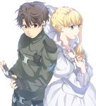  1boy 1girl aldnoah.zero asseylum_vers_allusia blonde_hair brown_eyes brown_hair dress gown green_eyes kaizuka_inaho kurumiya_hato pilot_suit 