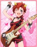  &gt;;d 1girl ;d arm_up armpits bandages blue_eyes bracelet choker electric_guitar fake_horns guitar horns idolmaster idolmaster_million_live! instrument jewelry julia_(idolmaster) looking_at_viewer million_live_card official_art one_eye_closed oni_horns open_mouth plectrum redhead short_hair smile solo 