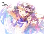  1girl ;d bat_wings blush braid breasts cat_hair_ornament double_bun fang hair_ornament haku_(p&amp;d) heco_(mama) long_hair midriff multicolored_hair one_eye_closed open_mouth purple_hair puzzle_&amp;_dragons smile solo tail tiger_tail twin_braids two-tone_hair under_boob violet_eyes white_hair wings 