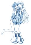  2girls :d aoki_hagane_no_arpeggio bbb_(friskuser) bike_shorts boots crossover detached_sleeves hug hug_from_behind i-401_(kantai_collection) iona kantai_collection long_hair monochrome multiple_girls open_mouth pleated_skirt ponytail school_swimsuit school_uniform serafuku simple_background skirt smile swimsuit swimsuit_under_clothes traditional_media white_background 