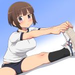 1girl blush breasts brown_hair buruma commentary_request exercise foot_grab gradient gradient_background large_breasts looking_at_viewer meow_(nekodenki) original puffy_short_sleeves puffy_sleeves shirt short_sleeves solo spread_legs violet_eyes 