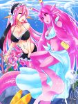  2girls bikini bikini_skirt breasts cleavage closed_eyes drill_hair fish head_fins highres jellyfish large_breasts long_hair mermaid meroune_lorelei mogura_(susutake) monster_girl monster_musume_no_iru_nichijou multiple_girls navel pink_eyes pink_hair pink_skin scales swimsuit underwater very_long_hair webbed_hands 