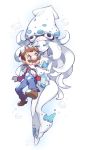  1boy 1girl blooper blue_eyes brown_hair facial_hair gebyy-terar hat height_difference highres hug hug_from_behind mario mustache no_hat overalls personification squid squid_hat super_mario_bros. tentacle_hair white_hair white_skin 
