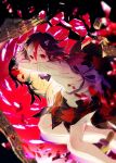  1girl akka black_hair broken_mirror different_reflection highres kijin_seija looking_at_viewer lying mirror multicolored_hair on_stomach oni_horns pink_eyes print_dress red_eyes reflection sash solo streaked_hair tongue tongue_out touhou 