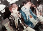  2boys bag bench black_cat brown_hair cat closed_eyes finger_to_mouth free! from_above hands_in_pockets looking_at_viewer male_focus matsuoka_rin multiple_boys open_mouth plaid plaid_scarf red_eyes redhead scarf shushing sitting sleeping snow snowing striped striped_scarf suou yamazaki_sousuke 