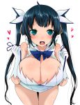  1girl arm_ribbon bare_shoulders black_hair blue_eyes bow breasts cleavage cleavage_cutout dress dungeon_ni_deai_wo_motomeru_no_wa_machigatteiru_darou_ka gloves hair_ornament hair_ribbon han_(jackpot) hands_up heart hestia_(danmachi) large_breasts leaning_forward long_hair looking_at_viewer open_mouth rei_no_himo ribbon short_dress simple_background sleeveless sleeveless_dress smile solo sweatdrop twintails white_background white_dress white_gloves 
