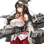  1girl bare_shoulders black_hair breasts detached_sleeves fusou_(kantai_collection) hair_ornament hakama_skirt headband japanese_clothes kantai_collection large_breasts long_hair long_sleeves machinery red_eyes remodel_(kantai_collection) sachito simple_background skirt solo turret white_background wide_sleeves 