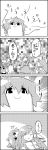  1girl 4koma bow cirno comic detached_sleeves dreaming frog_hair_ornament hair_bow hair_ornament highres ice ice_wings kochiya_sanae monochrome pose shirt skirt sleeping smile snake_hair_ornament standing_on_one_leg tani_takeshi touhou translation_request wide_sleeves wings yukkuri_shiteitte_ne 