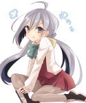  1girl adjusting_clothes adjusting_shoe ahoge blush bowtie grey_eyes grey_hair hair_ribbon highres kantai_collection kiyoshimo_(kantai_collection) long_hair long_sleeves looking_at_viewer low_twintails orqz pantyhose pout ribbon solo twintails very_long_hair 