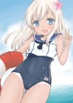  1girl blonde_hair blue_eyes crop_top flower hair_flower hair_ornament kantai_collection lifebuoy long_hair ozaki_mirai ro-500_(kantai_collection) sailor_collar school_swimsuit swimsuit swimsuit_under_clothes tan tanline 
