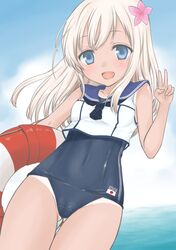  1girl blonde_hair blue_eyes crop_top flower hair_flower hair_ornament kantai_collection lifebuoy long_hair ozaki_mirai ro-500_(kantai_collection) sailor_collar school_swimsuit swimsuit swimsuit_under_clothes tan tanline 