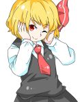  1girl ;) blonde_hair hair_ribbon hands_on_own_face kieeyo long_sleeves necktie one_eye_closed red_eyes ribbon rumia short_hair simple_background skirt smile solo touhou vest white_background 