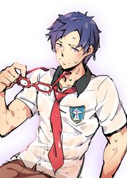  1boy blue_hair free! gebyy-terar glasses glasses_removed red-framed_glasses ryuugazaki_rei school_uniform shirt short_hair solo violet_eyes wet wet_clothes wet_shirt 