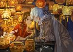  1boy 1girl ao_hitomi arm_support bow brown_eyes brown_hair cherry_blossoms chinese_clothes dark hair_bow hand_on_own_chin holding_hands lantern long_hair looking_down night original paper_lantern ponytail scarf short_hair smile storefront suitcase trench_coat vase white_hair winter_clothes 