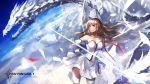 1girl angel_wings bare_shoulders brown_eyes brown_hair dragon elbow_gloves gloves highres lance long_hair pixiv_fantasia pixiv_fantasia_t polearm sky solo swd3e2 weapon wings 