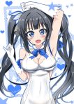  1girl arm_up armpits black_hair blue_eyes blush breast_squeeze breasts catstudioinc_(punepuni) cleavage cleavage_cutout dress dungeon_ni_deai_wo_motomeru_no_wa_machigatteiru_darou_ka fang hair_ornament heart hestia_(danmachi) large_breasts long_hair open_mouth ribbon smile solo star string twintails very_long_hair white_dress 