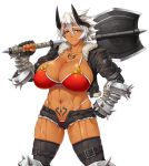  1girl axe breasts brown_eyes cleavage cutoffs dark_skin denim denim_shorts denkishowgun fingerless_gloves gauntlets gloves hand_on_hip highres horns huge_breasts looking_at_viewer muscle navel oni scar short_hair short_shorts shorts tattoo thick_thighs thighs toned violet_eyes weapon white_hair 