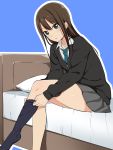  1girl black_legwear blush brown_hair cardigan dressing earrings green_eyes idolmaster idolmaster_cinderella_girls jewelry kneehighs long_hair looking_at_viewer necktie open_mouth school_uniform shibuya_rin sitting skirt sock_pull solo tokita_arumi 