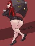  1girl ass breasts brown_eyes character_name highres large_breasts legs looking_at_viewer looking_back parasoul_(skullgirls) red_background redhead shiva_(johan-s) skullgirls solo thighs umbrella 