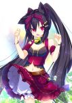  1girl animal_ears bell black_hair cat_ears chestnut_mouth hair_ornament hairclip long_hair looking_at_viewer navel nyori original paw_pose red_eyes solo twintails very_long_hair 