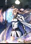  1girl big.g blue_eyes brown_hair cape copyright_name fingerless_gloves flag full_moon gauntlets gloves highres holding long_hair looking_at_viewer moon night night_sky original parted_lips pixiv_fantasia pixiv_fantasia_t sky solo star_(sky) starry_sky sword weapon wind 