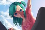  1girl aqua_hair blue_eyes bulma character_name clouds commentary dragon_ball from_below hair_bobbles hair_ornament highres light looking_at_viewer maredoro opening ponytail shadow short_ponytail side_ponytail sky smile solo t-shirt upper_body 