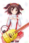  1girl abe_kanari animal_ears breasts brown_eyes brown_hair cleavage cleavage_cutout fake_horns guitar hairband highres holmy_(show_by_rock!!) instrument open-chest_sweater ribbed_sweater show_by_rock!! standing sweater tail thigh-highs turtleneck zettai_ryouiki 